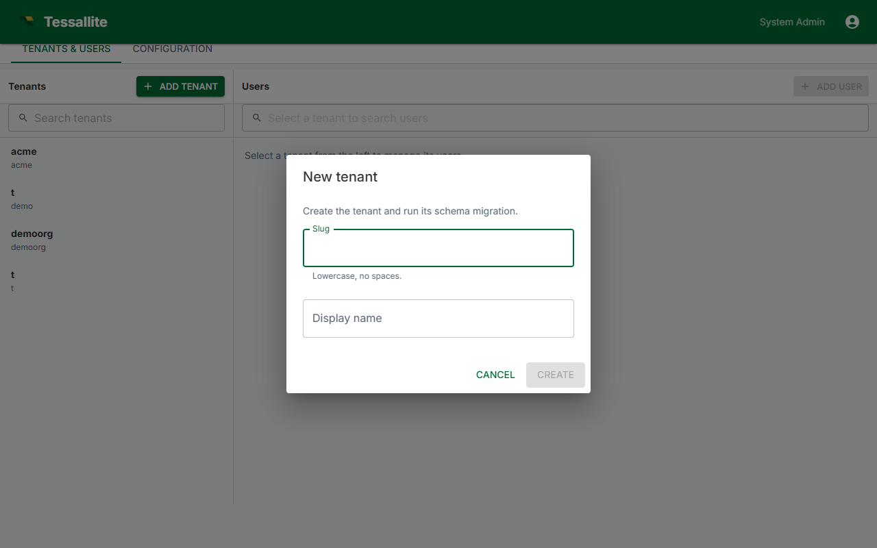 System Admin -- Create new workspace dialog.